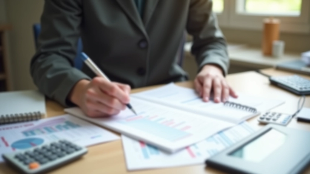 Osoba zapisující si poznámky do notebooku vedle kalkulačky a finanční tabulky
