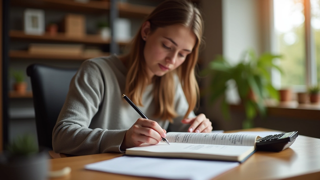 Osoba píšící do notebooku s kalkulačkou a penězi na stole